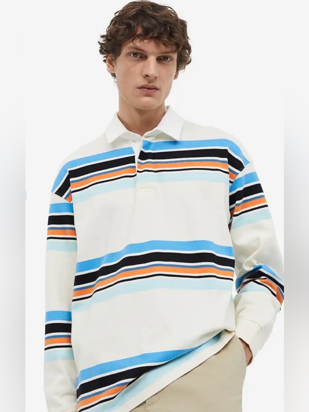 H&M Cream Long-Sleeve Polo with Blue, Black & Orange Stripes